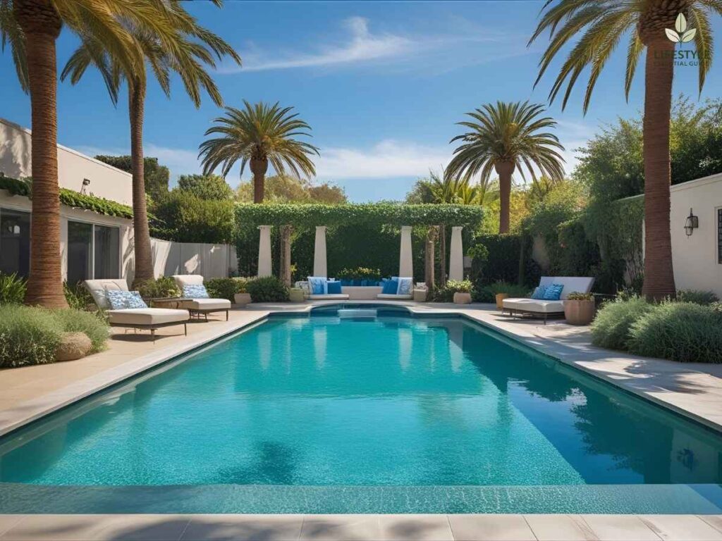 Crystal-clear swimming pool surrounded by palm trees in Los Angeles, showcasing proper summer pool maintenance steps