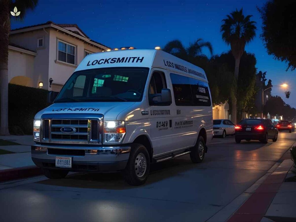24/7 locksmith van arriving at night in Los Angeles neighborhood