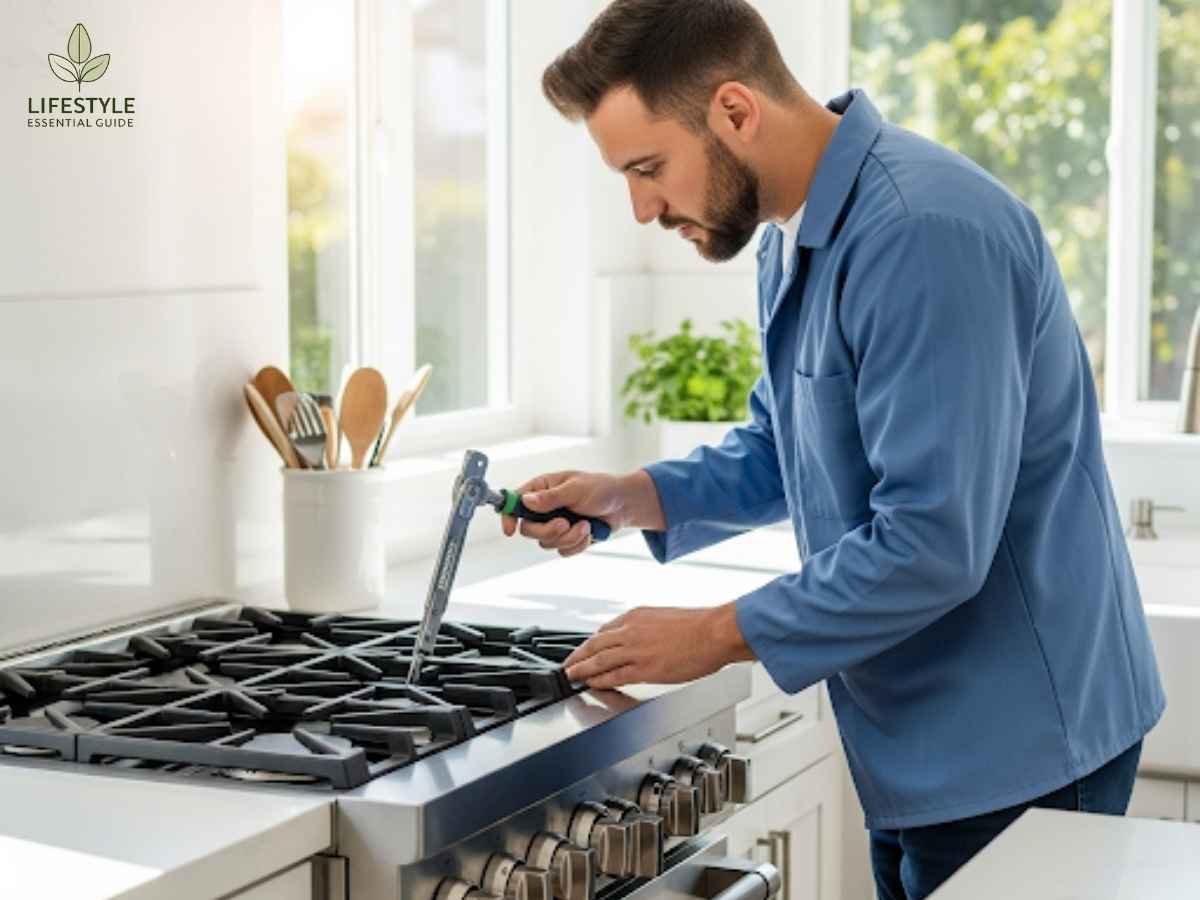 Technician inspecting kitchen stove for winter-proofing in Los Angeles home