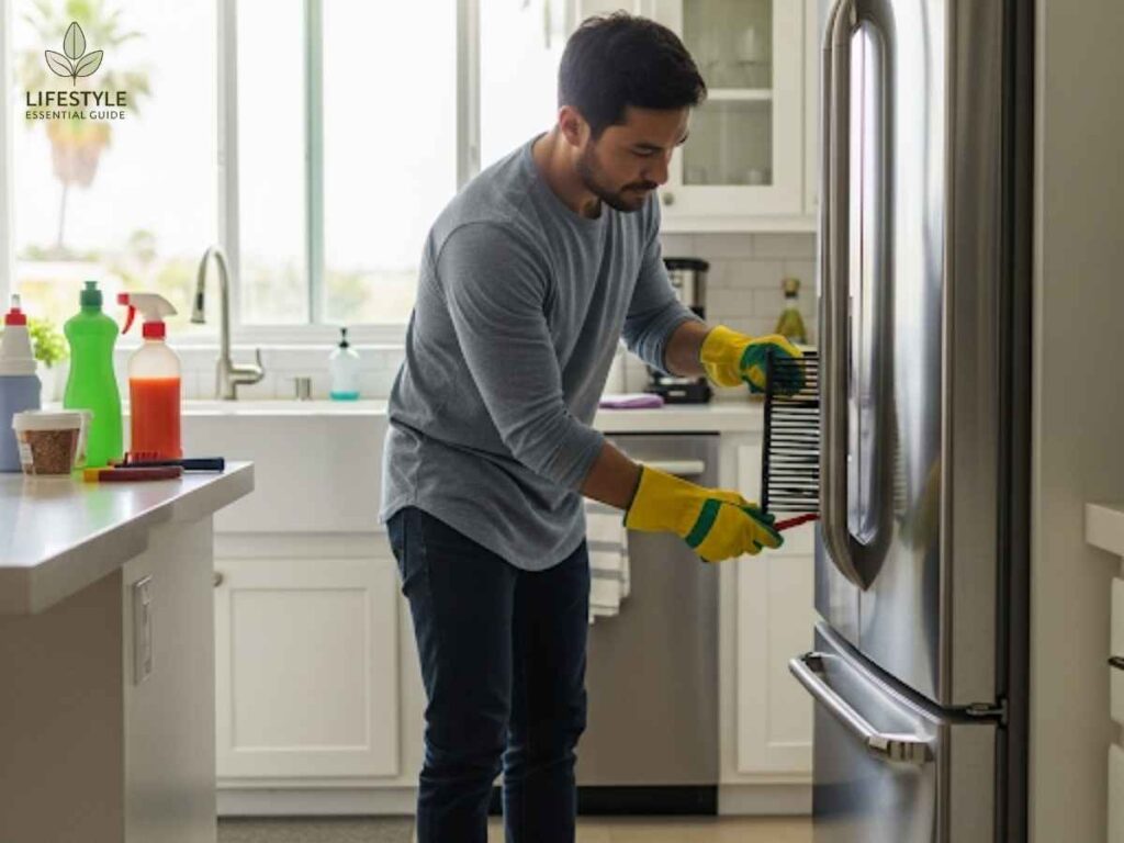 Homeowner winterizing refrigerator coils in Los Angeles kitchen before cold season