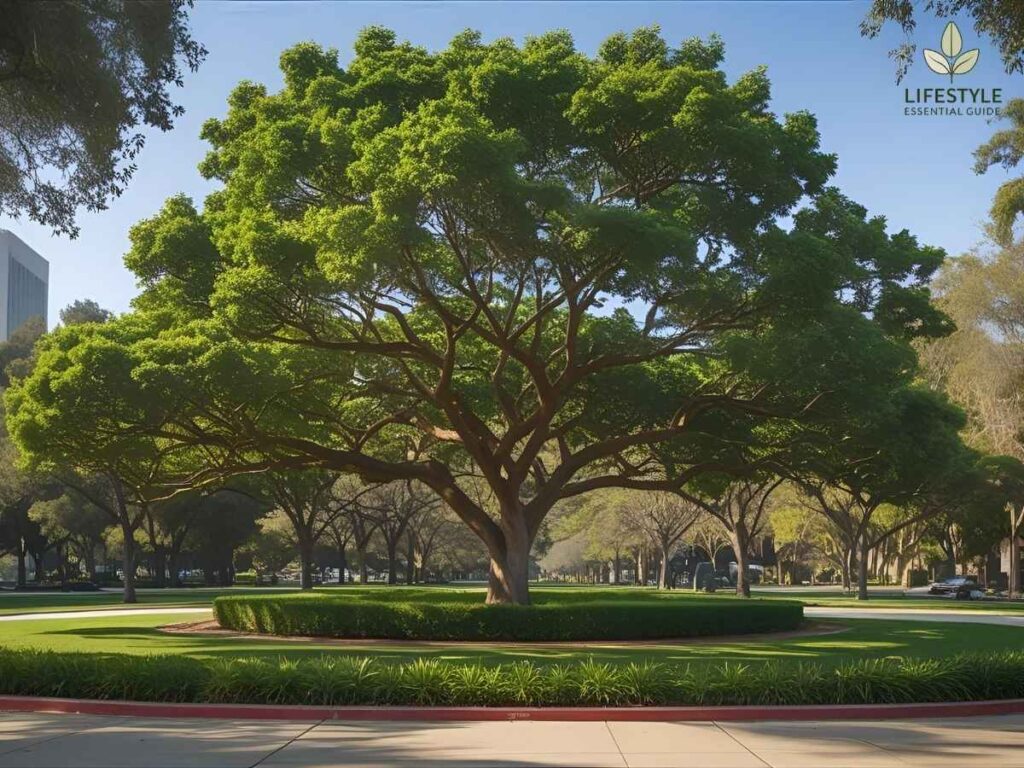 Healthy, well-pruned madera tree canopy in a Los Angeles city park setting