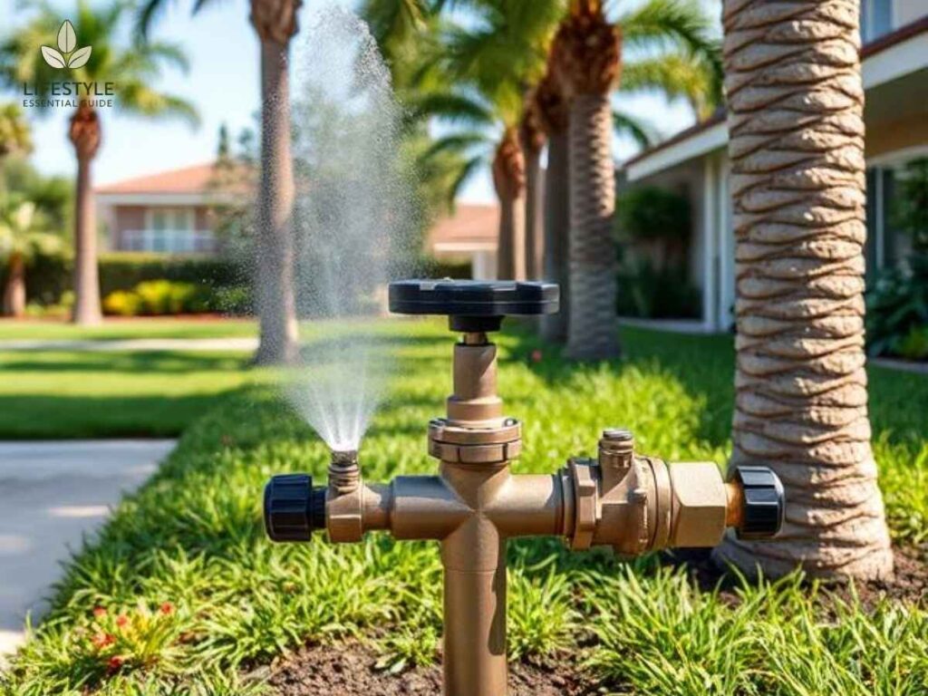 Modern garden highway sprinkler valve setup in a Los Angeles residential garden with palm trees