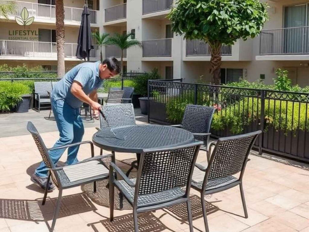 Professional cleaning service restoring outdoor patio chairs in Marina Pacifica, Los Angeles apartment complex