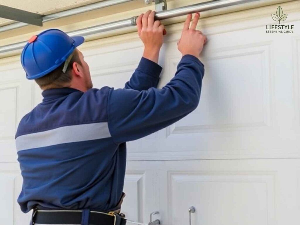 Technician replacing garage door spring in Downtown Long Beach Los Angeles home
