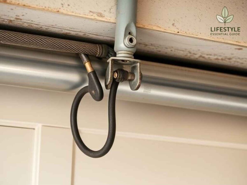Close-up of broken garage door spring at Los Angeles coastal residence