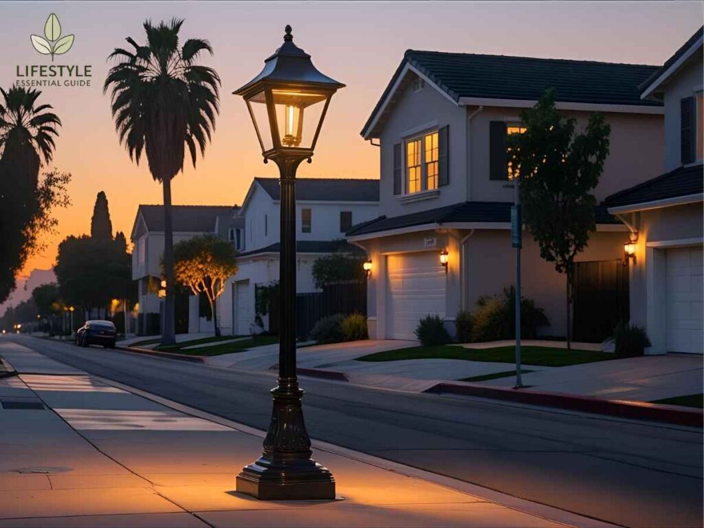 A new, classic Glen Park lamp post illuminating a Los Angeles residential street at dusk