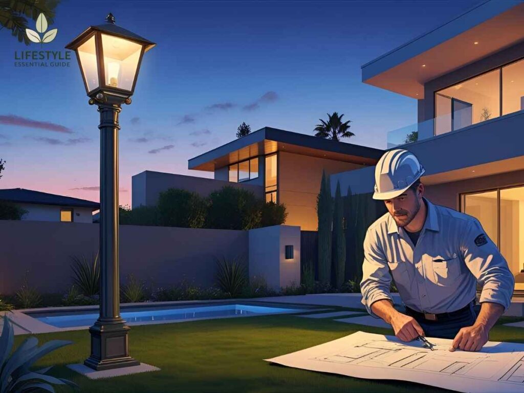 A professional electrician installing a Glen Park style lamp post in a Los Angeles backyard