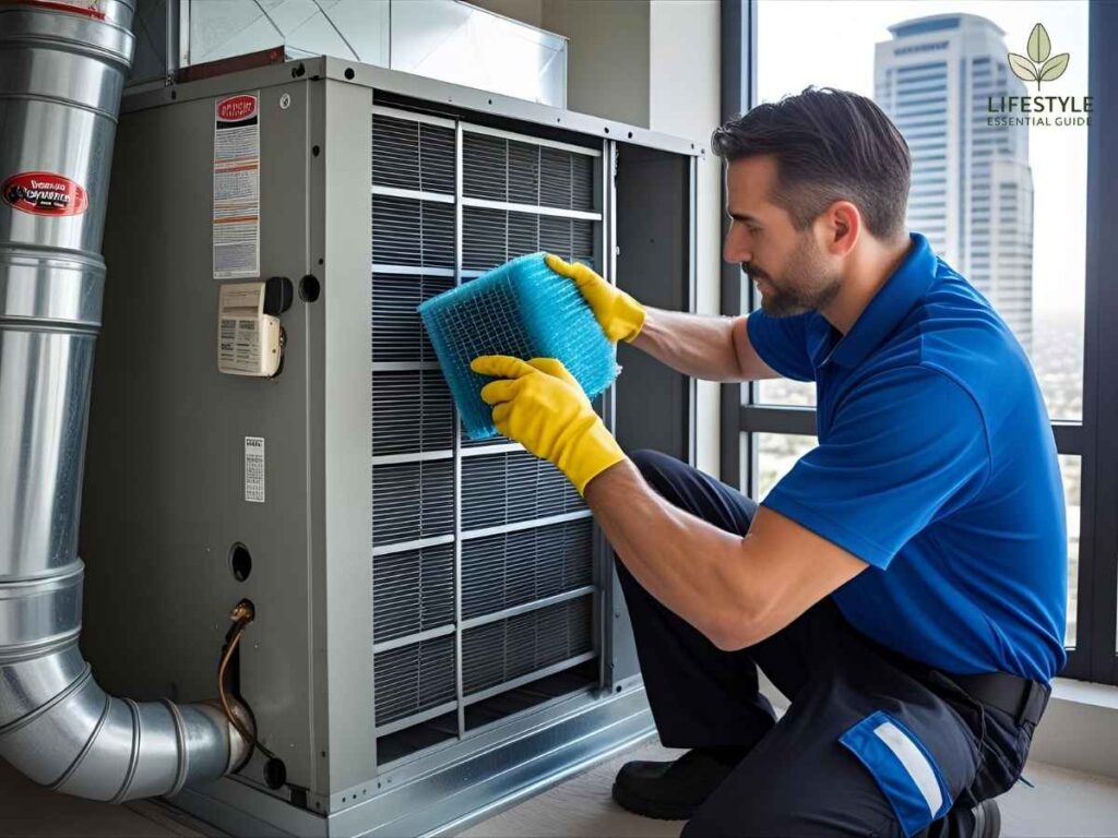 HVAC specialist cleaning air filter for energy-efficient cooling in Los Angeles Tower District apartment