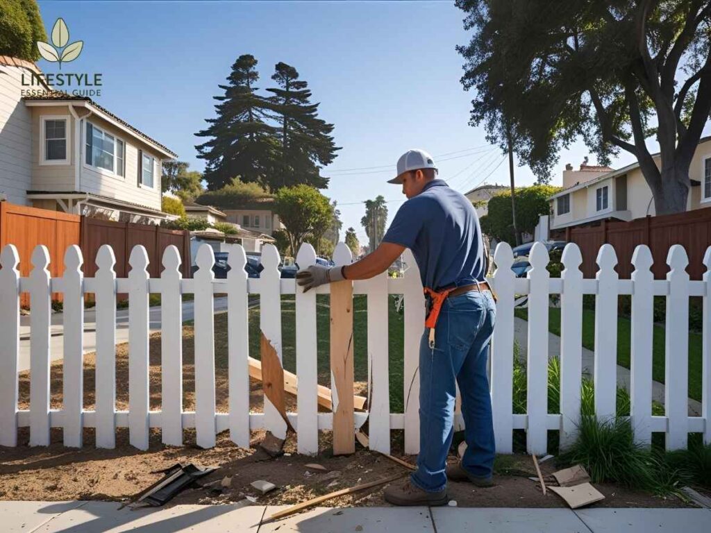 Expert fixing damaged picket fence in Woodward Park Los Angeles neighborhood