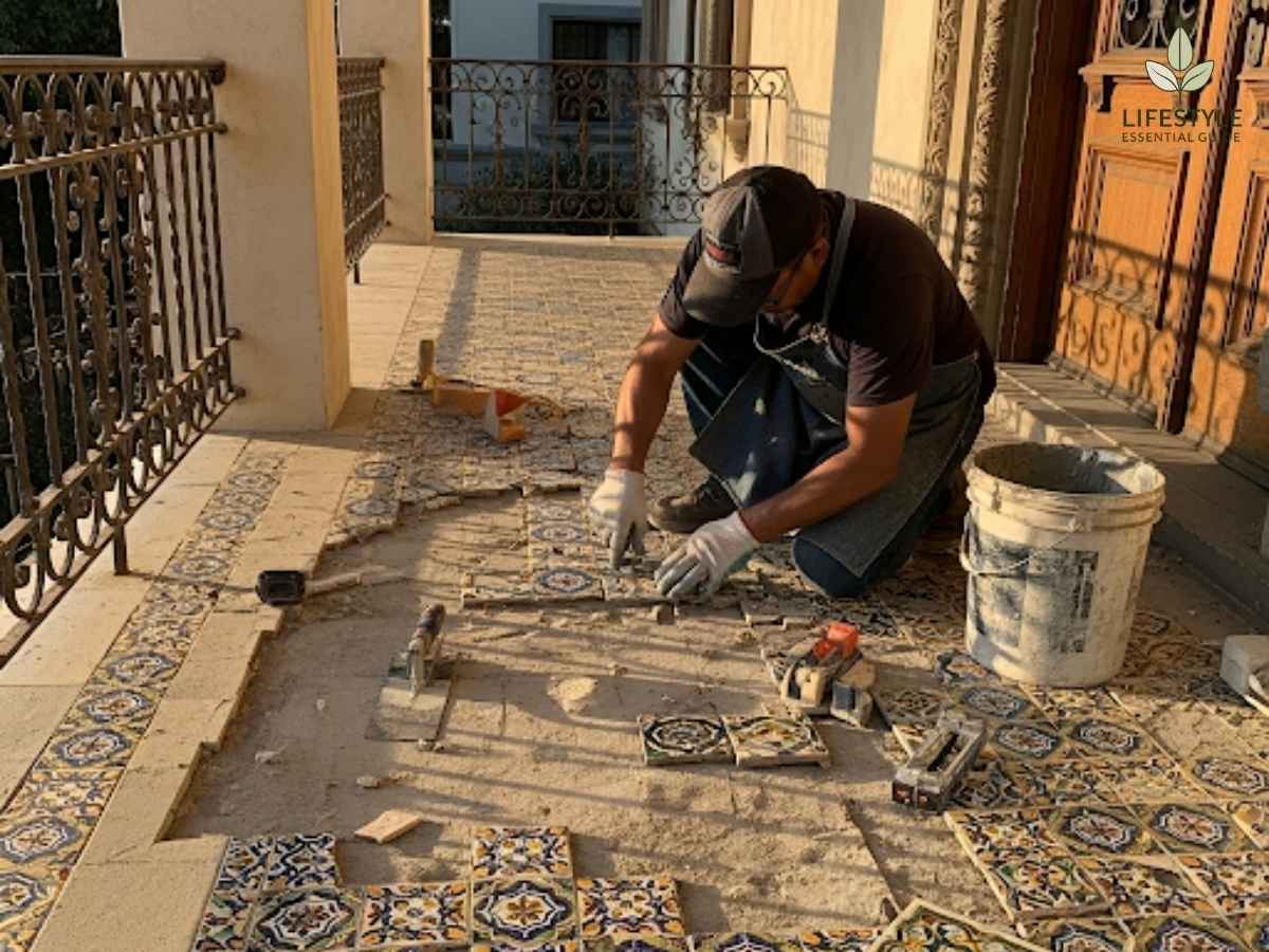 Mexican-style tile repair on historic porch in Los Angeles