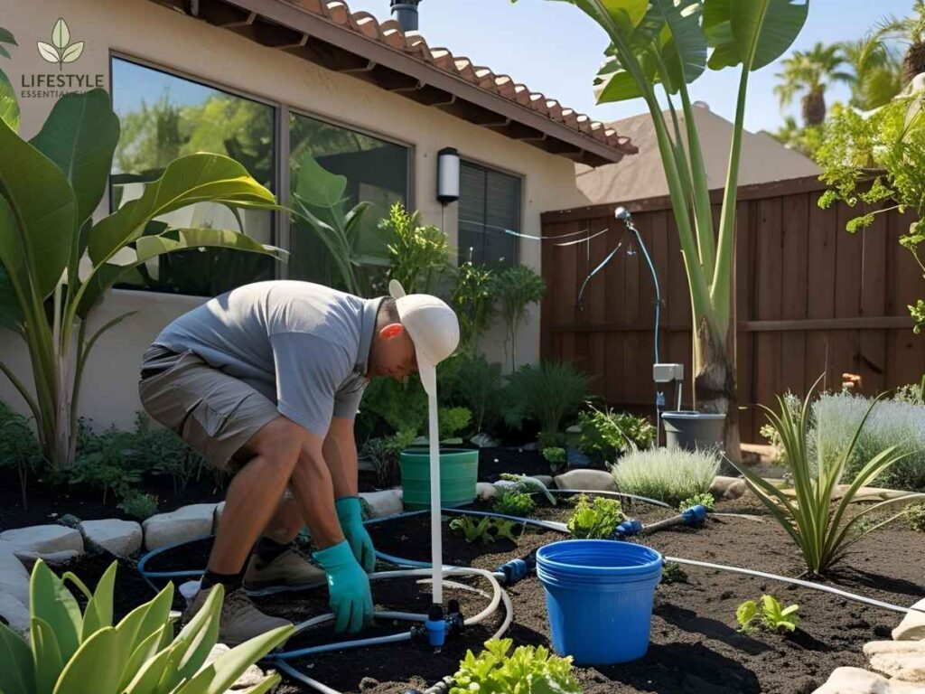 Drip irrigation system being installed in a Los Angeles garden to handle Escondido-like summer heat efficiently